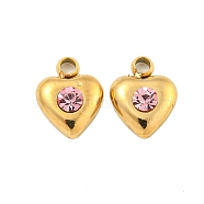 304 Stainless Steel Pendants, with Rhinestone, Heart Charms, Real 14K Gold Plated, Light Rose, 7x6x2.5mm, Hole: 1.2mm(STAS-L080-008G-01)