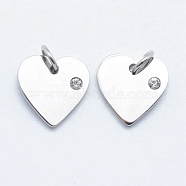 316 Surgical Stainless Steel Pendants, with Cubic Zirconia, Heart, Clear, Stainless Steel Color, 12x12x2mm, Hole: 3mm(STAS-K178-05P)