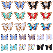 24Pcs 12 Styles Brass with Glass Pendants, with Crystal Rhinestone, Butterfly Charms, Mixed Color, 10~15.5x12~21x4~7mm, Hole: 1.2mm, 2pcs/style(KK-SC0003-59)