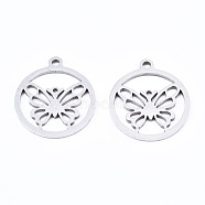 201 Stainless Steel Pendants, Laser Cut, Ring with Butterfly, Stainless Steel Color, 17x15x1mm, Hole: 1.4mm(X-STAS-T044-198P)