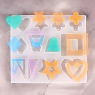 DIY Pendant Food-grade Silicone Molds, Resin Casting Molds, For UV Resin, Epoxy Resin Jewelry Making, Heart & Star & Geometrical Shape, Mixed Patterns, 125x140x7mm, Hole: 1.5mm, Inner Diameter: 25~40x23~40mm(SIMO-D002-01E)