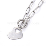 Heart 304 Stainless Steel Pendant Necklaces, with Paperclip Chains and Toggle Clasps, Stainless Steel Color, 17.12 inch(43.5cm)(NJEW-JN02887-02)