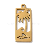 304 Stainless Steel Pendants, Laser Cut, Rectangle with Coconut Tree & Sea Wave Charm, Real 18K Gold Plated, 26x10.5x1mm, Hole: 1.5mm(STAS-U010-15G)