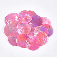 AB Color Plated Capiz Shell Pendants, Dyed, Flat Round, Hot Pink, 24~25x1~2mm, Hole: 1.5mm(SSHEL-T008-01D)