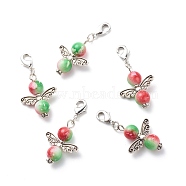 Two-Tone Spray Painted Resin Round Beaded Pendant Decorations, Angel Clip-on Charms, with Brass Lobster Claw Clasps and Alloy Wing Charms, Antique Silver, 41mm(HJEW-JM00750)