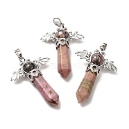 Natural Rhodonite Pendants, Angel Charms, with Rack Plating Platinum Tone Brass Findings, Cadmium Free & Lead Free, 52~53x37x11mm, Hole: 8x5mm(G-B033-01P-07)