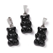 Natural Black Onyx Pendants, with Stainless Steel Color Tone 201 Stainless Steel Findings, Bear, Dyed & Heated, 27.5mm, Hole: 2.5x7.5mm, Bear: 21x11x6.5mm(G-G854-01P-09)