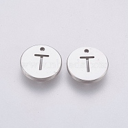 304 Stainless Steel Charms,  Flat Round with Letter, Stainless Steel Color, Letter.T, 10x1mm, Hole: 1mm(STAS-P212-15P-16)