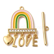 Brass Toggle Clasps, with Glass, Rainbow with word LOVE, Real 18K Gold Plated, 4x22.5x1.5mm, Hole: 1.3mm, Rainbow: 26.5x18x2.5mm, Hole:1.3(KK-N254-91G)