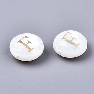 Natural Freshwater Shell Beads, with Golden Plated Brass Etched Metal Embellishments, Flat Round, Seashell Color, Letter.F, 8x3~5mm, Hole: 0.5~07mm(SHEL-S266-12F)