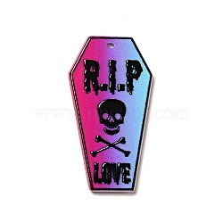 Halloween Printed Acrylic Pendants, Coffin with Word Charm, Skull Pattern, 40x21x2.4mm, Hole: 1.8mm(MACR-G060-01D)