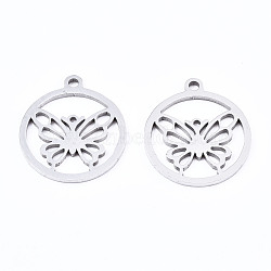 201 Stainless Steel Pendants, Laser Cut, Ring with Butterfly, Stainless Steel Color, 17x15x1mm, Hole: 1.4mm(X-STAS-T044-198P)