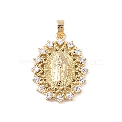 Brass Cubic Zirconia Pendants, Long-Lasting Plated, Oval with Holy Virgin Charms, Golden, Clear, 34x26x4mm, Hole: 6x5mm(KK-Z050-25G-01)