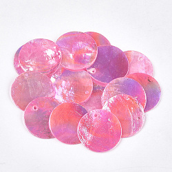 AB Color Plated Capiz Shell Pendants, Dyed, Flat Round, Hot Pink, 24~25x1~2mm, Hole: 1~1.5mm(SSHEL-T008-01D)