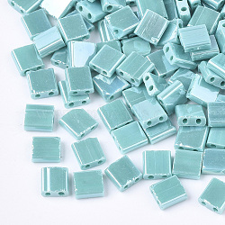 2-Hole Opaque Glass Seed Beads, Lustered, Rectangle, Medium Turquoise, 5x4.5~5.5x2~2.5mm, Hole: 0.5~0.8mm(SEED-S023-07I)