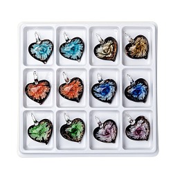 Handmade Gold Sand Lampwork Pendants, Heart, Mixed Color, 43x35x14mm, Hole: 6mm, 12pcs/box(LAMP-S059-6-B)