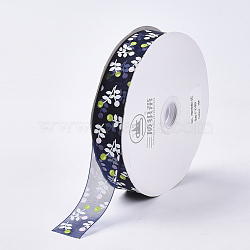 Flower Pattern Printed Polyester Organza Ribbons, Prussian Blue, 1 inch(25mm), about 100yards/roll(ORIB-Q034-01)