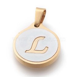 304 Stainless Steel Pendants, with Shell, Flat Round with Alphabet, Golden, Letter.L, 20.5x18x2.5mm, Hole: 7x4mm(STAS-O138-21p-L)