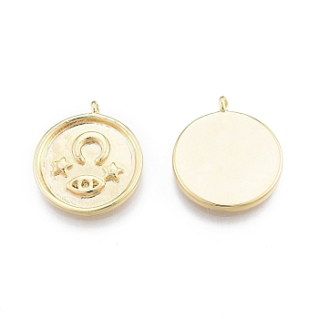 Ion Plating(IP) Brass Pendants, Flat Round with Moon/Star, Real 18K Gold Plated, 20x17x2mm, Hole: 1.4mm