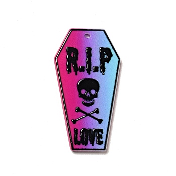 Halloween Printed Acrylic Pendants, Coffin with Word Charm, Skull Pattern, 40x21x2.4mm, Hole: 1.8mm