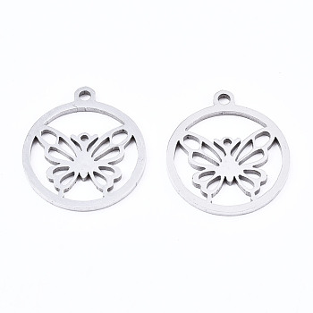201 Stainless Steel Pendants, Laser Cut, Ring with Butterfly, Stainless Steel Color, 17x15x1mm, Hole: 1.4mm