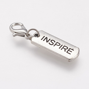 Tibetan Style Alloy Pendants, Inspirational Message Pendants, Rectangle with Word Inspire, Antique Silver,8x21x2mm, Hole: 2mm