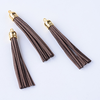 Faux Suede Tassel Pendant Decorations, with CCB Plastic Cord Ends, Golden, Camel, 84~89x11.5~12mm, Hole: 2.5mm