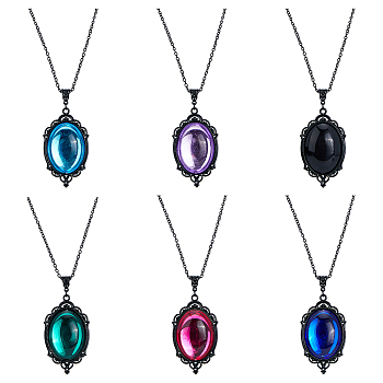 6Pcs 6 Colors Glass Oval Pendant Necklaces Set with Black Alloy Chains, Mixed Color, 21.06 inch(53.5cm), 1pc/style