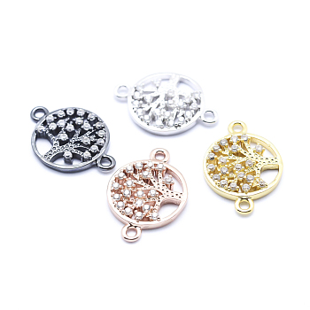 Brass Micro Pave Cubic Zirconia Links, Clear, Flat Round with Tree of Life, Mixed Color, 12.5x18x2mm, Hole: 1mm