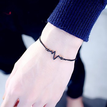 Unisex Brass Link Bracelets, Heart Beat with Curb Chain, Electrophoresis Black, 7-7/8 inch(20cm)