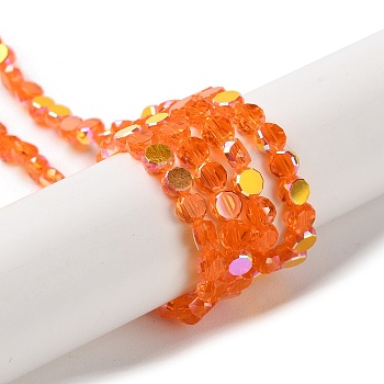 Transparent Electroplate Glass Beads Strands, AB Color Plated, Faceted, Flat Round, Coral, 4x4x2.5mm, Hole: 1.1mm, about 145~155pcs/strand, 20.08''~21.65''(51~55cm)
