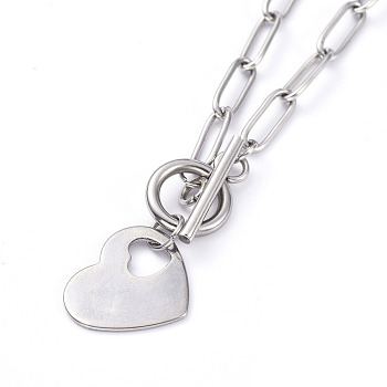 Heart 304 Stainless Steel Pendant Necklaces, with Paperclip Chains and Toggle Clasps, Stainless Steel Color, 17.12 inch(43.5cm)