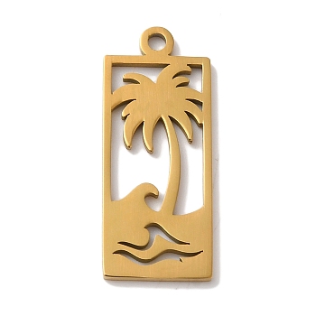 304 Stainless Steel Pendants, Laser Cut, Rectangle with Coconut Tree & Sea Wave Charm, Real 18K Gold Plated, 26x10.5x1mm, Hole: 1.5mm