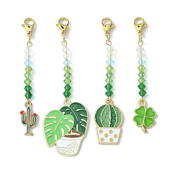 Alloy Enamel Pendant Decorations, with Glass Beads and 304 Stainless Steel Lobster Claw Clasps, Leaf/Cactus/Potted Plant, 66~78mm