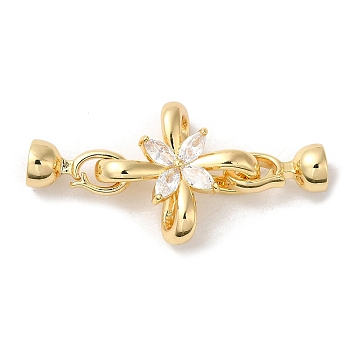 Rack Plating Brass Pave Clear Cubic Zirconia Fold Over Clasps, Cadmium Free & Lead Free, Long-Lasting Plated, Flower, Golden, Flower: 23.5x21x9mm, Clasp: 15x7x7mm, Inner Diameter: 5.5mm