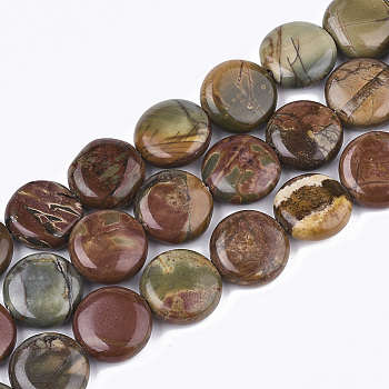 Natural Picasso Stone/Picasso Jasper Beads Strands, Flat Round, 12x4.5~5mm, Hole: 1mm, about 33~34pcs/strand, 15.3 inch~15.7 inch
