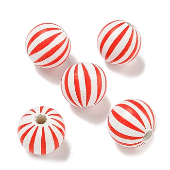 Printed Wood European Beads, Round with Stripe Pattern, Red, 15.5~16mm, Hole: 4~4.5mm