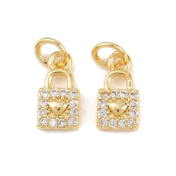 Brass Micro Pave Cubic Zirconia Pendants, Lock Charms, Long-Lasting, Rack Plating, Lead Free & Cadmium Free, with Jump Ring, Real 18K Gold Plated, 11x6x2.5mm, Jump Ring: 5x1mm, Inner Diameter: 3.5mm