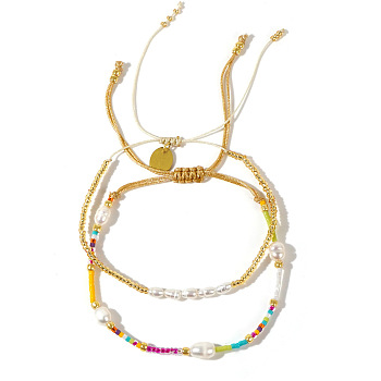 Colorful Miyuki & Imitation Pearl Braided Bead Bracelet Set, Adjustable Stackable Bracelets for Beach Vacation Fashionable Women's Accessories