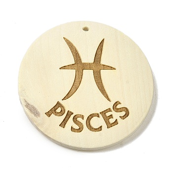 Wood Pendants, Flat Round, Pisces, 40x39x6mm, Hole: 1.6mm