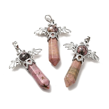 Natural Rhodonite Pendants, Angel Charms, with Rack Plating Platinum Tone Brass Findings, Cadmium Free & Lead Free, 52~53x37x11mm, Hole: 8x5mm