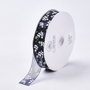 Flower Pattern Printed Polyester Organza Ribbons, Prussian Blue, 1 inch(25mm), about 100yards/roll