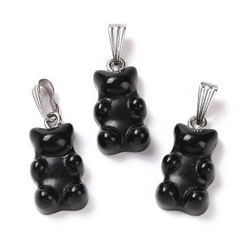 Natural Black Onyx Pendants, with Stainless Steel Color Tone 201 Stainless Steel Findings, Bear, Dyed & Heated, 27.5mm, Hole: 2.5x7.5mm, Bear: 21x11x6.5mm