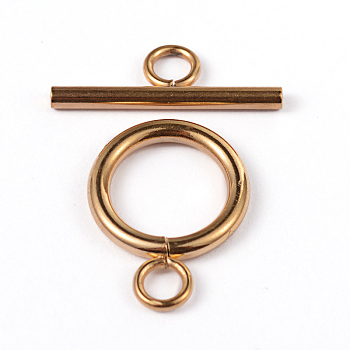 Ion Plating(IP) 304 Stainless Steel Ring Toggle Clasps, Round Rings, Real 18K Gold Plated, Ring: 19x14x2mm, Bar: 20x7x2mm, Hole: 3mm