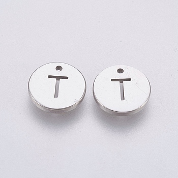 304 Stainless Steel Charms,  Flat Round with Letter, Stainless Steel Color, Letter.T, 10x1mm, Hole: 1mm