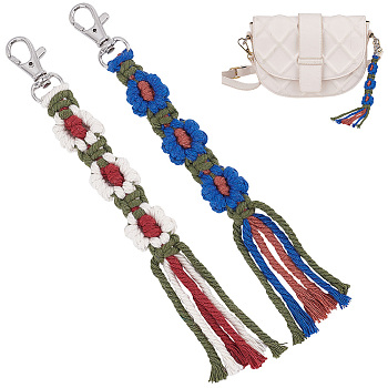 2Pcs 2 Colors Macrame Wristlet Cotton Pendant Decorations, Flower Handmade Keychain Holder Wrist Lanyard for Handbag Backpack Car Key Decoration, Mixed Color, 205mm, 1pc/color