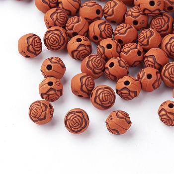 Imitation Wood Acrylic Beads, Round with Flower, Saddle Brown, 8mm, Hole: 1.5mm, about 2000pcs/500g