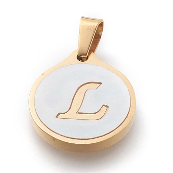 304 Stainless Steel Pendants, with Shell, Flat Round with Alphabet, Golden, Letter.L, 20.5x18x2.5mm, Hole: 7x4mm