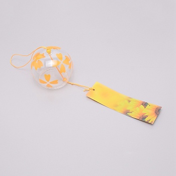 Japanese Round Painting Glass Wind Chimes, with Polyester Cord, Plastic Beads, Rectangle Paper Card, Floral Pattern, 400mm