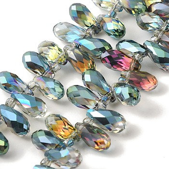 Electroplate Glass Beads Strands, Half Plated, Faceted, Teardrop, Top Drilled, Green Plated, 13x7x7mm, Hole: 1mm, about 100pcs/strand, 19.29''(49cm)